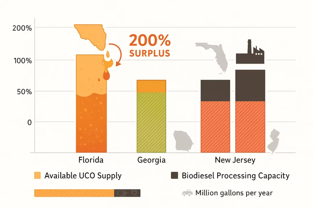 Bar chart comparing fryer‑oil supply with in‑state biodiesel capacity for Florida, Georgia, and New Jersey.