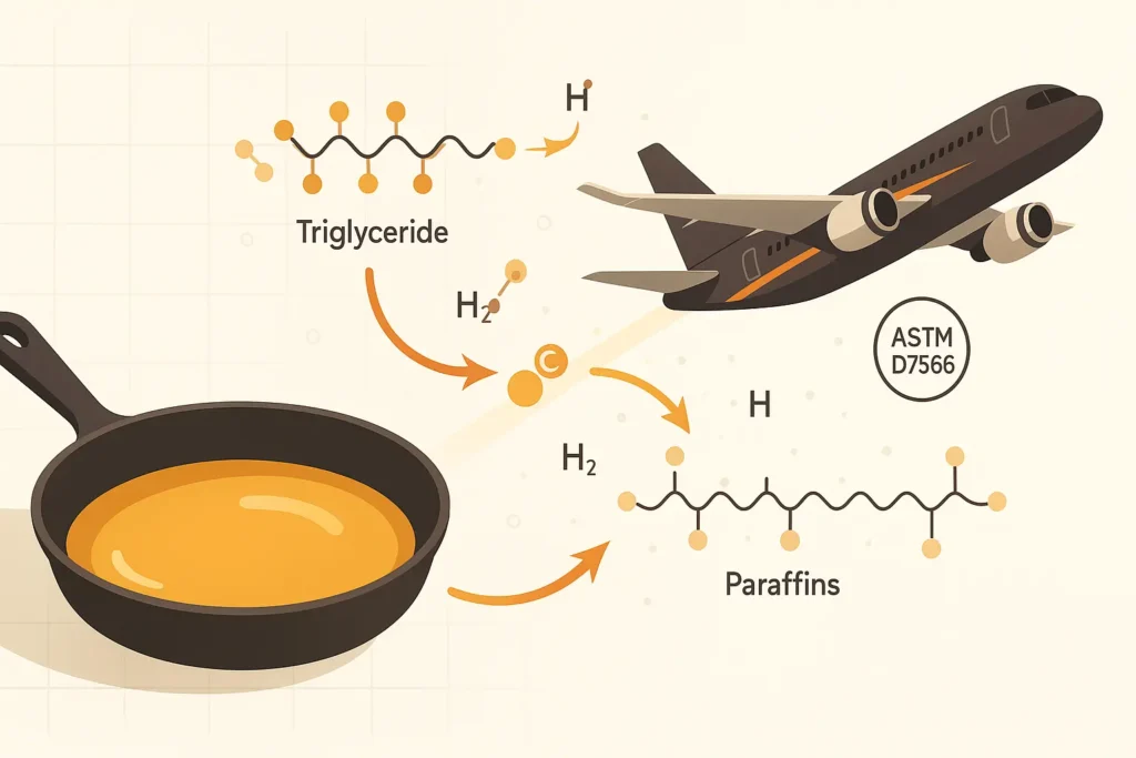 flat design illustration of a jet climbing above a frying pan of golden oil, arrows linking pan to plane