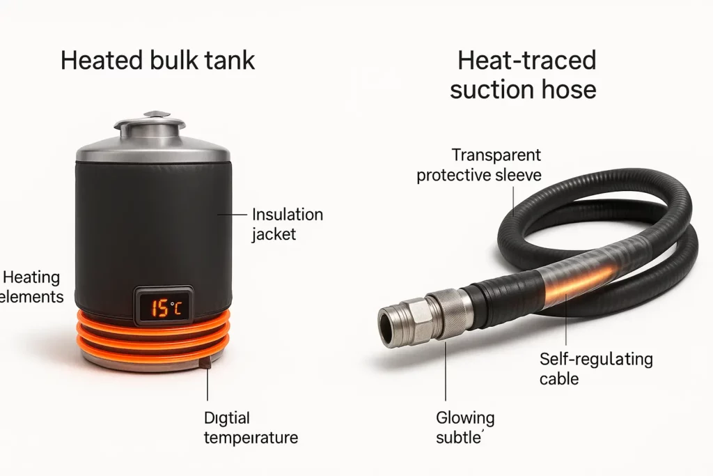 Side by side images of a heated bulk tank and a heat traced suction hose.
