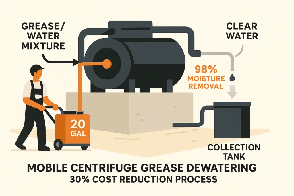 Mobile centrifuge separating water from grease sludge on facility pad