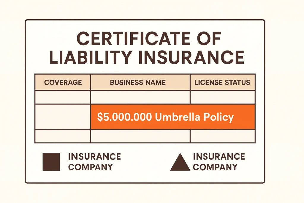 Insurance certificate excerpt showing $5 M umbrella line item.