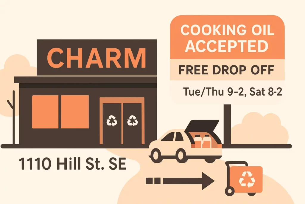 CHaRM Atlanta entrance with "Cooking Oil Accepted" sign visual cue for drop off
