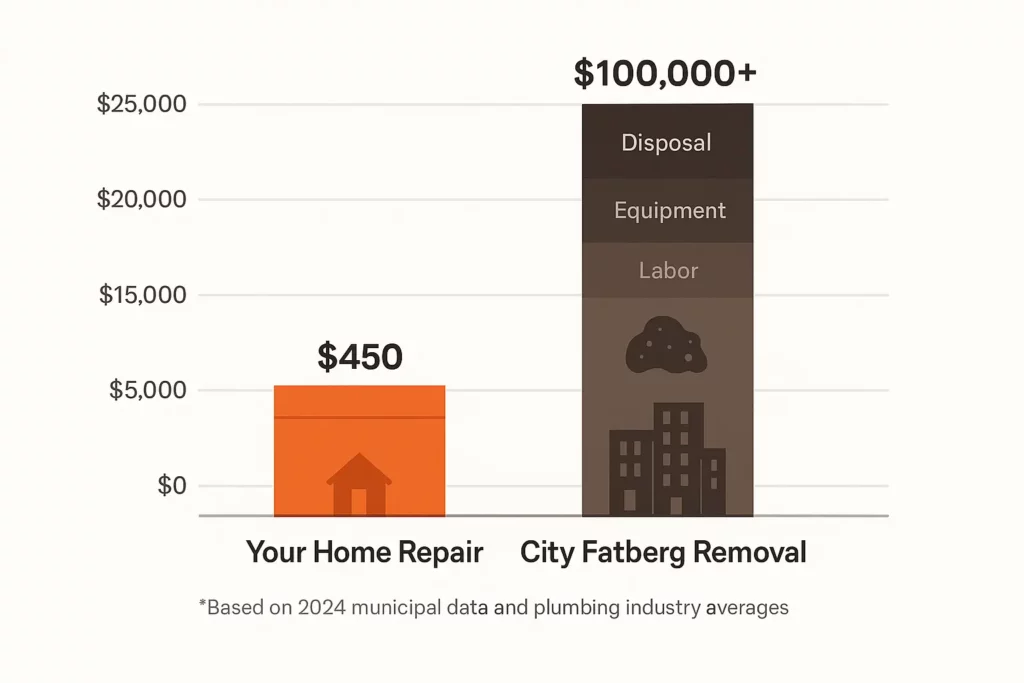 Cost comparison of home grease clog repair versus city fatberg removal.