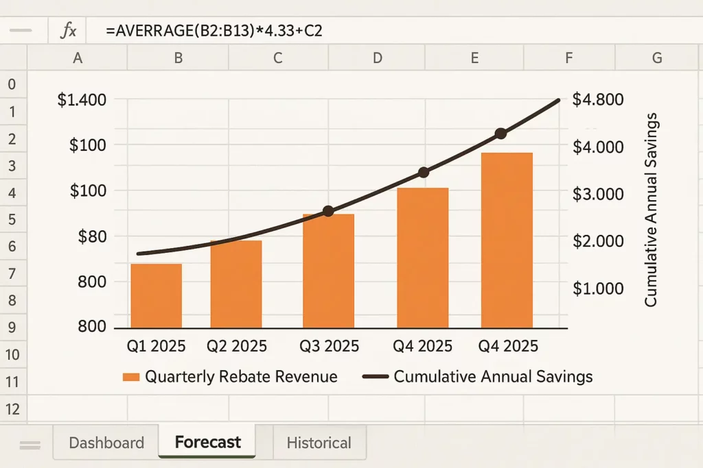Spreadsheet snippet showing graph of projected quarterly rebate revenue