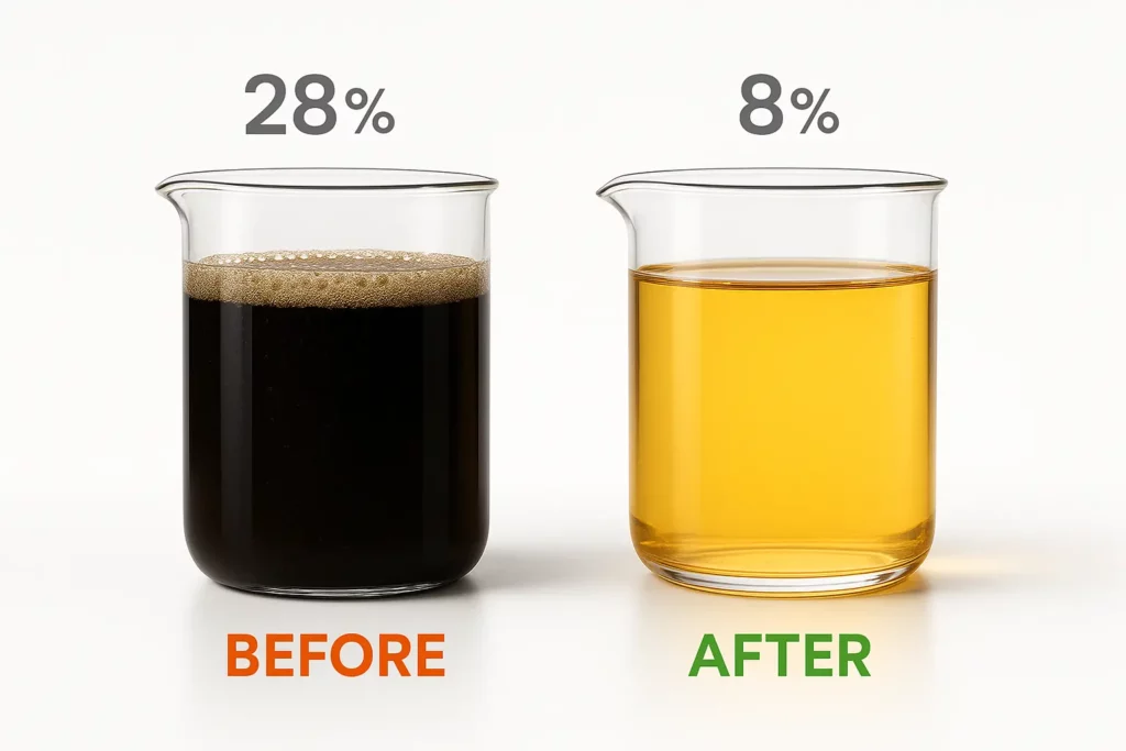 Side-by-side comparison of two glass beakers on white background. Left beaker contains dark, contaminated cooking oil with visible foam layer and suspended particles, labeled 'BEFORE' with 28% TPM reading. Right beaker shows clear, golden fresh oil labeled 'AFTER' with 8% TPM reading, demonstrating dramatic quality improvement after filtration.