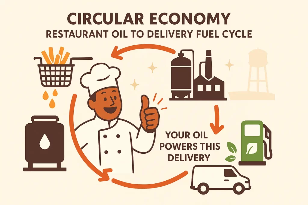 stylized loop arrow showing oil leaving a fryer, turning into a fuel drop, then powering a delivery van.