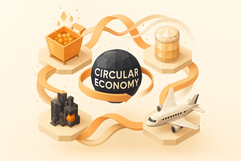 featured: flat design loop showing fryer → collection tank → biorefinery → aircraft