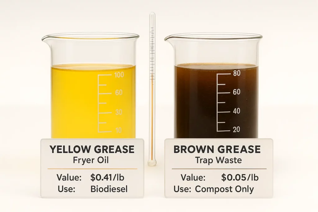 side by side photo of yellow vs brown grease samples