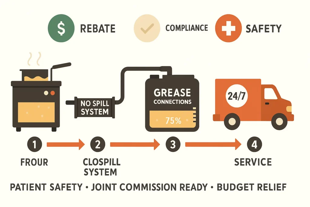 Schematic flow fryer → closed hose → indoor 140 gal tank → Grease Connections truck with "24/7" badge overlay icons for rebate, compliance, safety