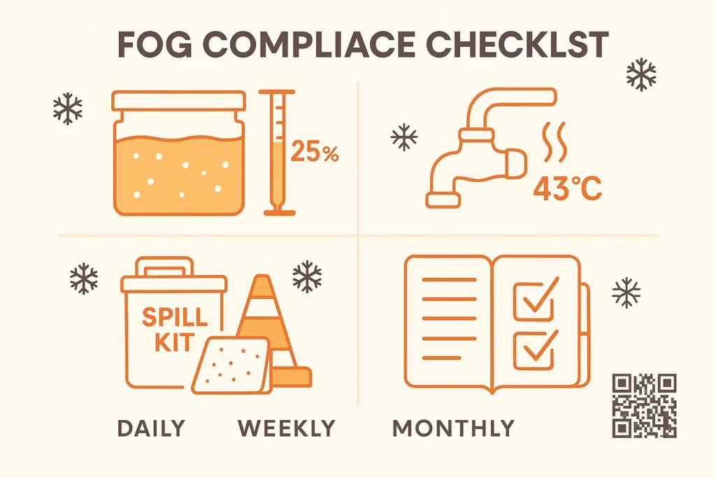 Infographic of a compliance checklist with icons for trap volume, water flush, spill kit, logbook.