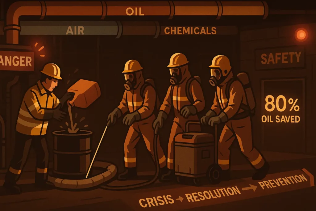 Night-shift industrial emergency: a worker in reflective gear accidentally pours cleaning solution into an oil tank under flashing red lights, while a three-member hazmat team deploys a hose and portable containment unit beside color-coded pipes labeled “Air,” “Oil,” and “Chemicals.” A bright display reads “80 % OIL SAVED,” a floor arrow tracks “Crisis → Resolution → Prevention,” and a single English “Danger” sign and “Safety” door emphasize clear communication—all rendered in a dark-brown palette with a hopeful orange glow.
