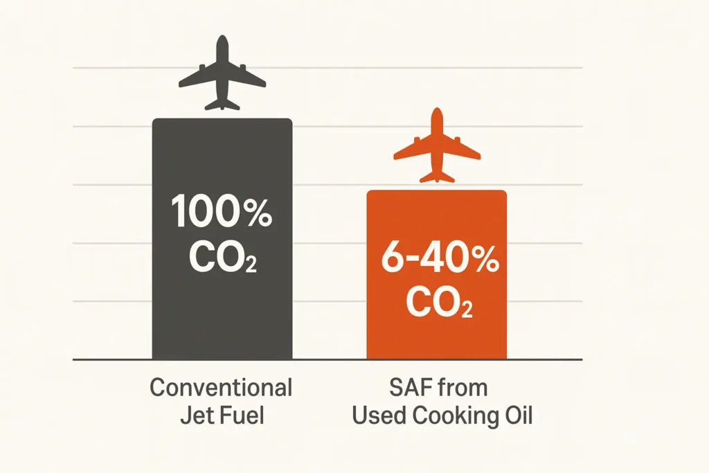 flat illustration of a jet climbing above a U.S. map dotted with restaurants, an arrow showing 60 to 94 % CO₂ drop.
