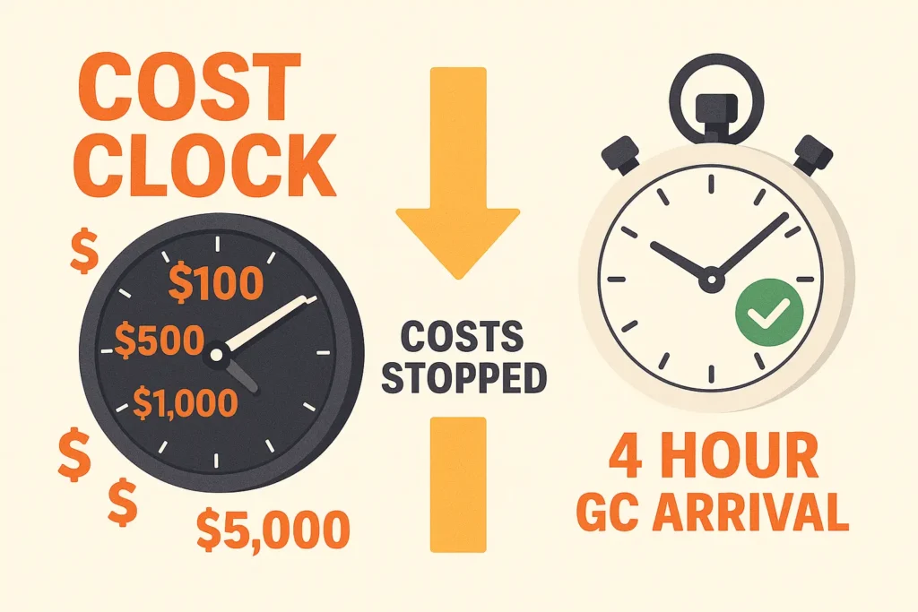 infographic of "cost clock" counting fines per hour beside a stopwatch labelled "4 hour GC arrival"
