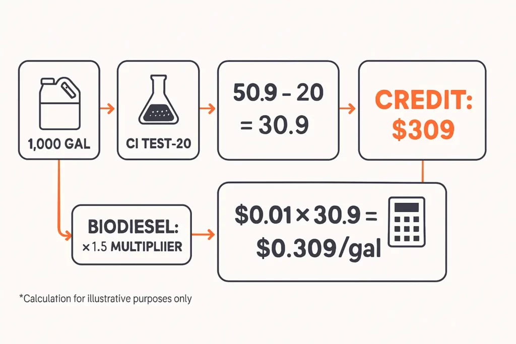 Section 45Z clean fuel production credit calculation flowchart showing feedstock to credit pathway