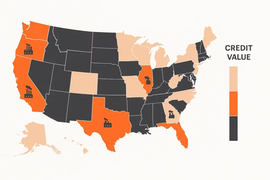 United States choropleth map showing potential Section 45Z credit values by state based on UCO feedstock availability