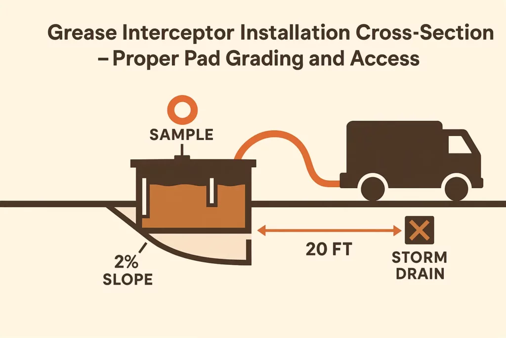 Cross section diagram of an interceptor pad with back slope, sample port, and vacuum truck hose path