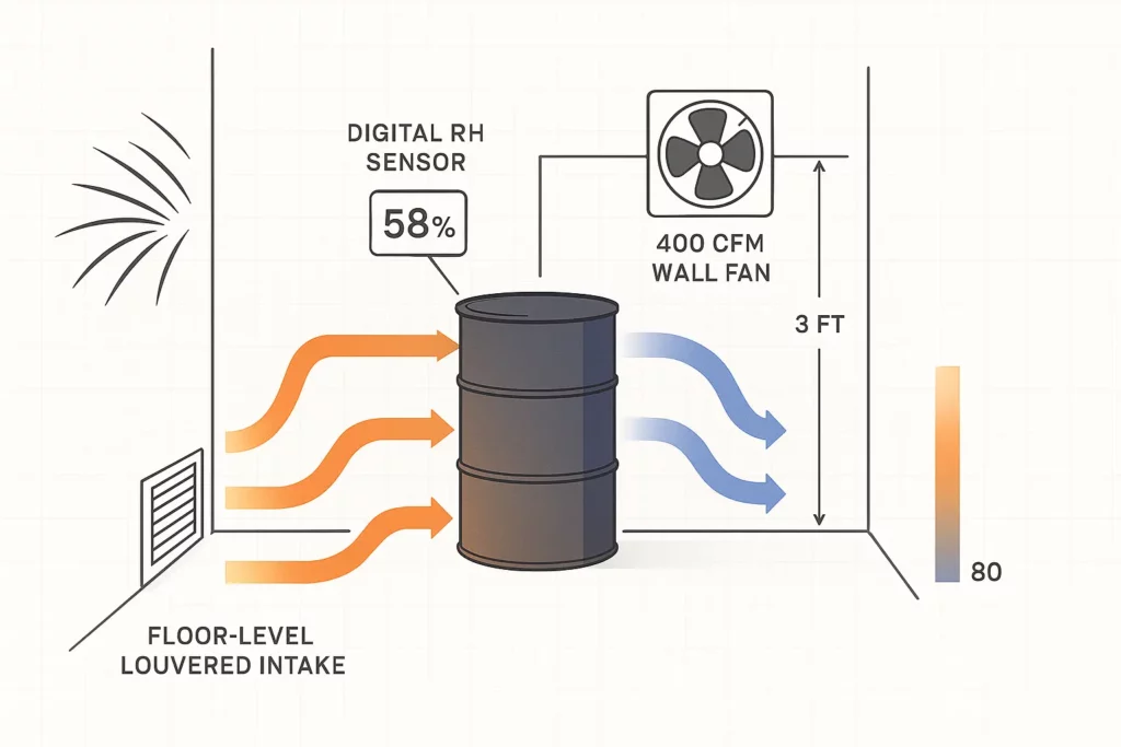 Diagram showing cross ventilation airflow around stacked oil caddies with RH sensor read out.