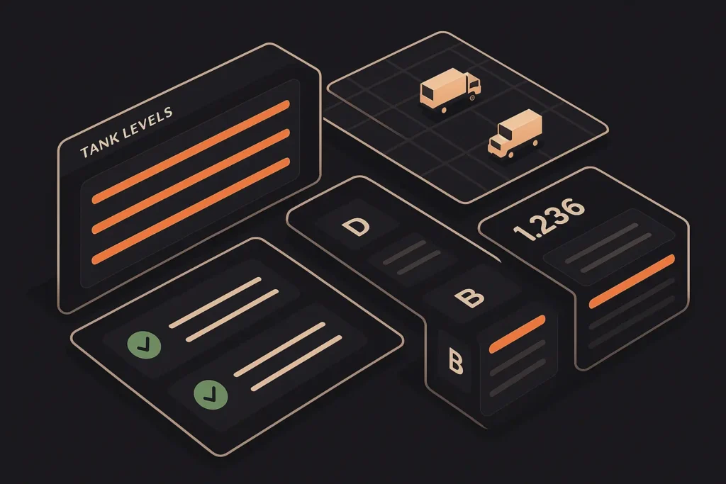 dashboard screenshot concept showing live tank levels, truck GPS pins, green compliance checkmarks, dark mode UI