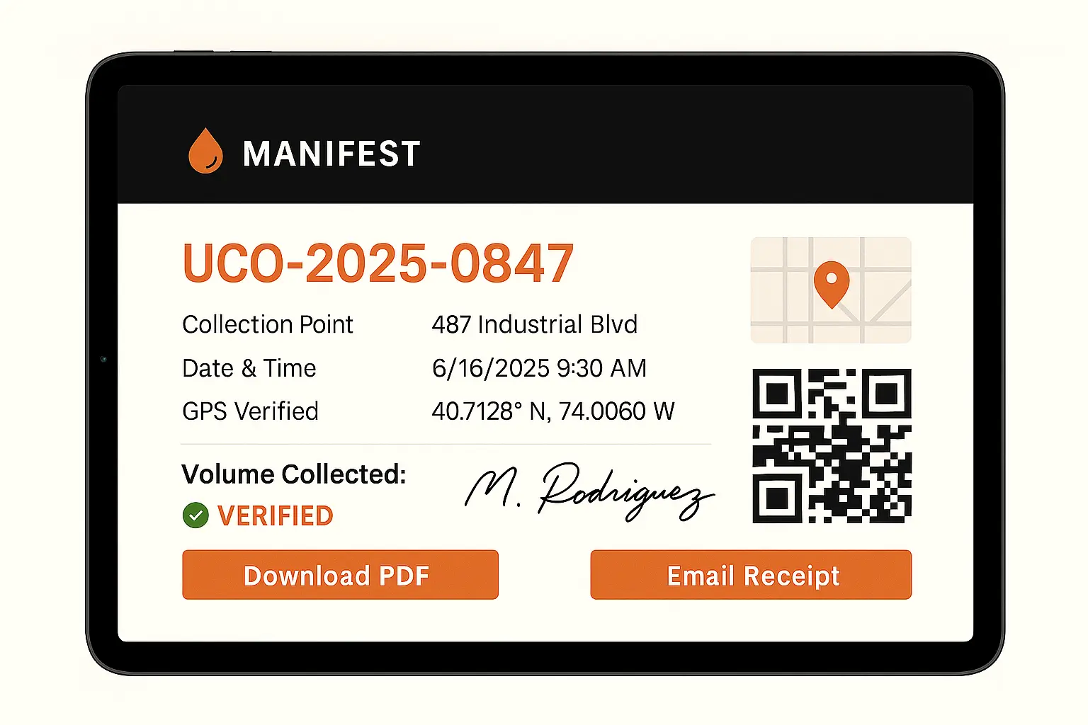 manifest certification of used cooking oil pickup