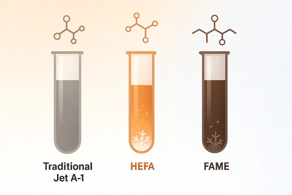 Table style infographic showing freeze‑point hierarchy of Jet A, HEFA, FAME.
