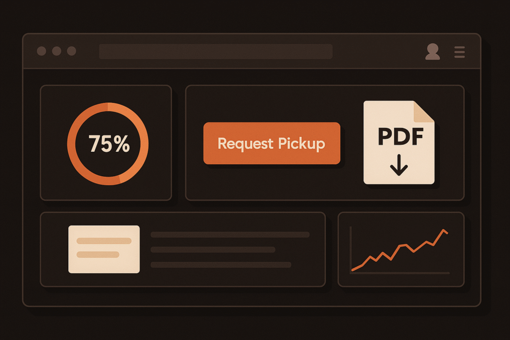 stylized dashboard mock up with live fill gauge, "Request Pickup" button, and PDF manifest icon