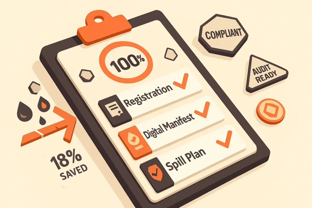 simple checklist graphic with green checkmarks next to registration, manifest, spill plan