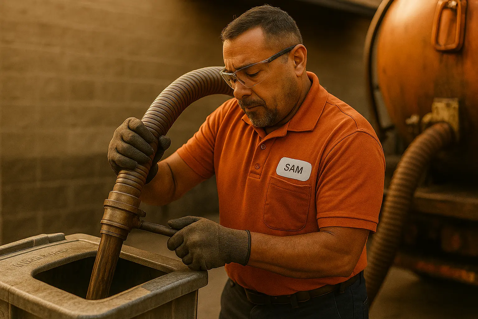 Grease Connections technician named Sam vacuums used cooking oil from a gray container outside a restaurant, wearing orange uniform, gloves, and safety glasses while a tanker truck sits in the background.