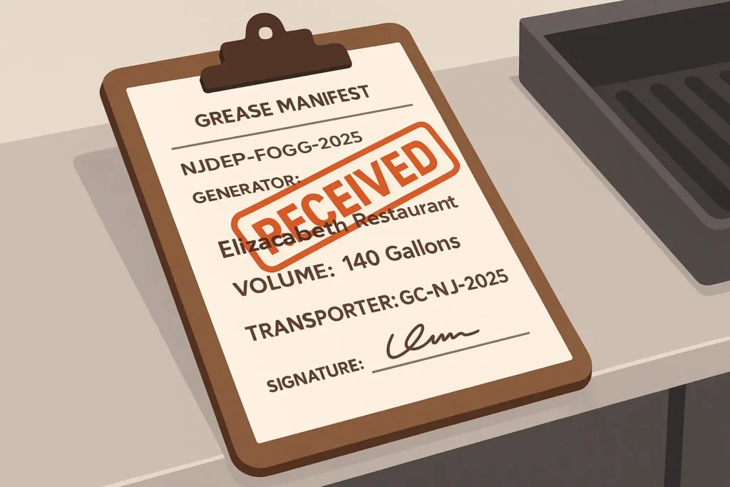Clipboard with NJDEP manifest stamped "Received," resting on a stainless side table beside a fryer.