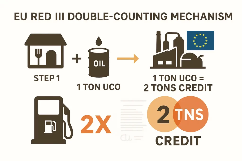 infographic eu red iii double counting showing the steps of uco to biodiesel to credit taxes