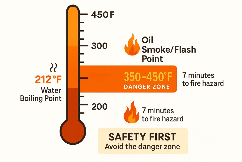 Temperature comparison chart showing water boiling point at 212°F versus cooking oil fire hazard at 350 450°F, with timeline indicating 3 minutes to boiling water versus 7 minutes to oil fire risk