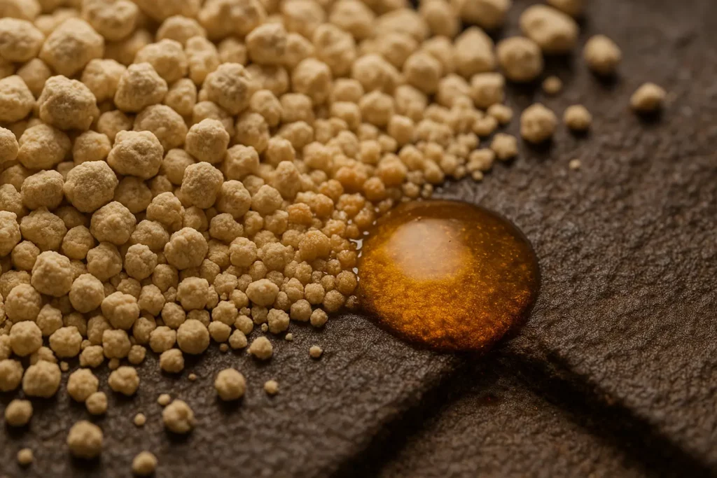 Macro photograph of beige clay cat litter granules absorbing golden cooking oil on textured dark quarry tile flooring, showing the absorption process in detail