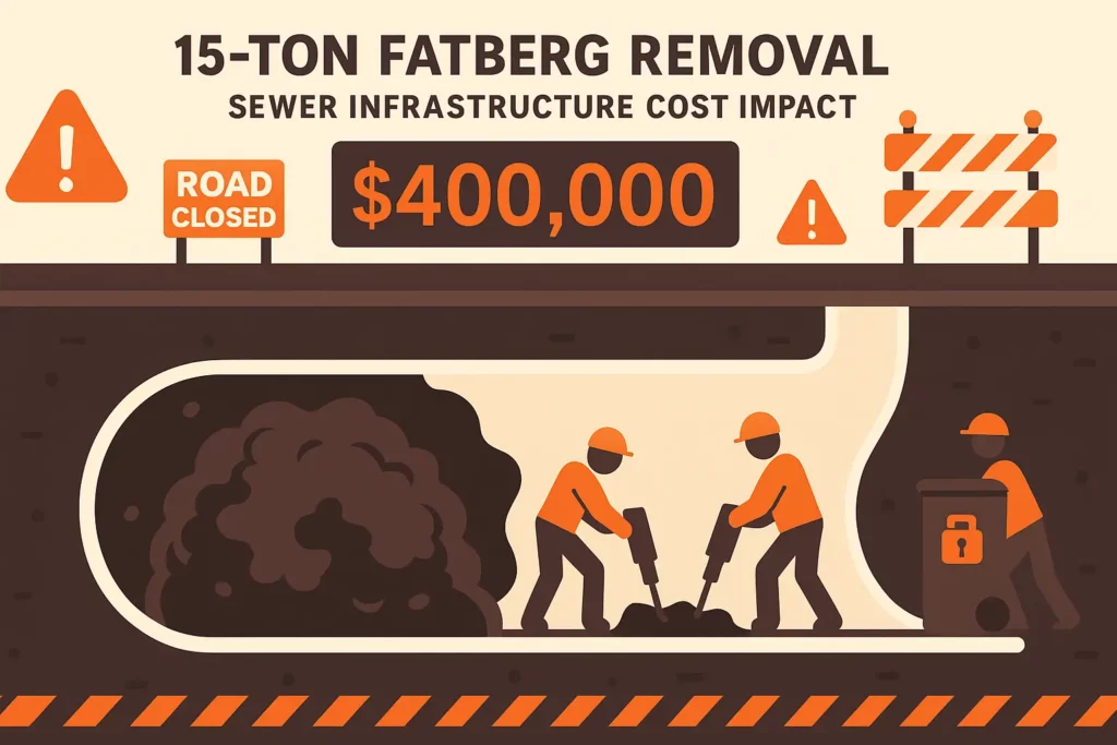 Flat illustration of a 15 ton "fatberg" being chiseled from an underground sewer, cost ticker rising