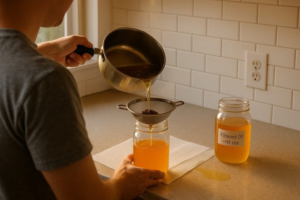 Over-shoulder view of person pouring cooled golden oil