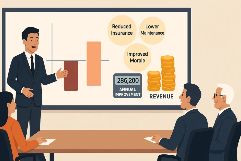 lat 1024 × 450 px CFO dashboard scene: a dark-red bar dips below zero while a bright-peach bar rises above, no numbers shown, flanked by three benefit bubbles (“Reduced Insurance,” “Lower Maintenance,” “Improved Morale”). At center, a calculator reads $286 200 Annual Improvement; stacked gold coins labeled “Revenue” reinforce the positive swing as Carlos presents to three executives.