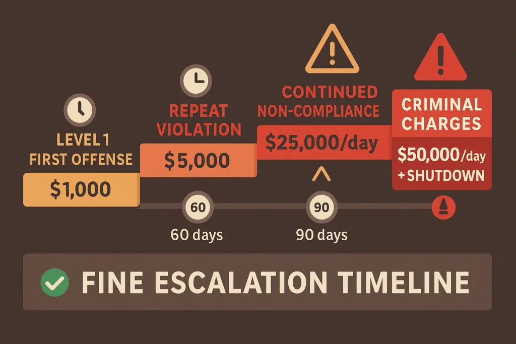 infographic showing escalating fine tiers and timeline to compliance