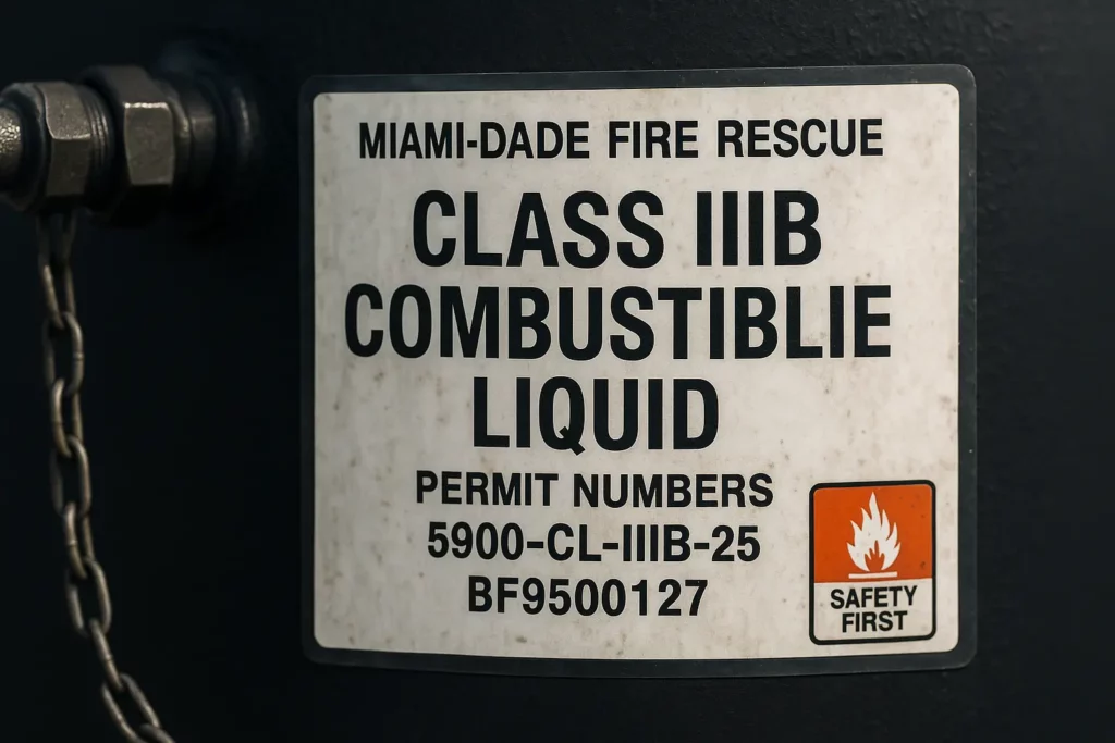close up of Miami Dade fire code placard on an oil tank, alt "Compliance placard on bulk oil tank."