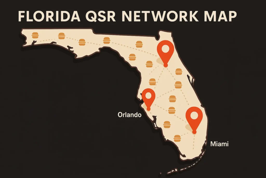 design map of Florida highlighting Miami, Orlando, Tampa with icons for the 15 QSR sites