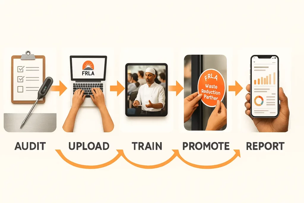 Flow chart style photo montage of the five roadmap stages, labeled "Audit, Upload, Train, Promote, Report."
