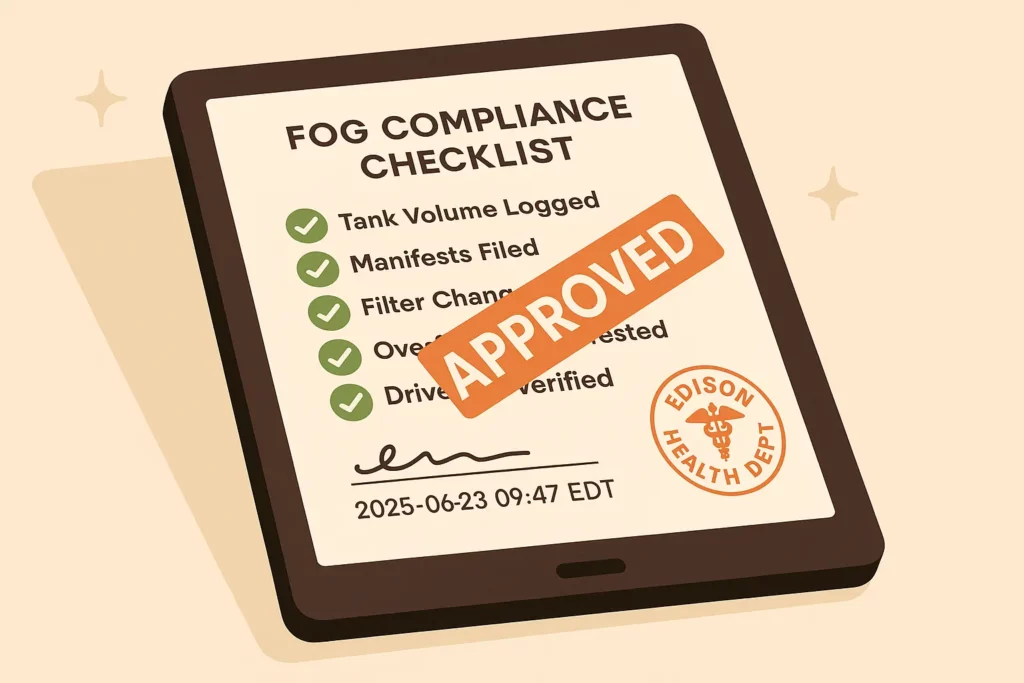 compliance checklist stamped "Approved" with a digital signature badge.