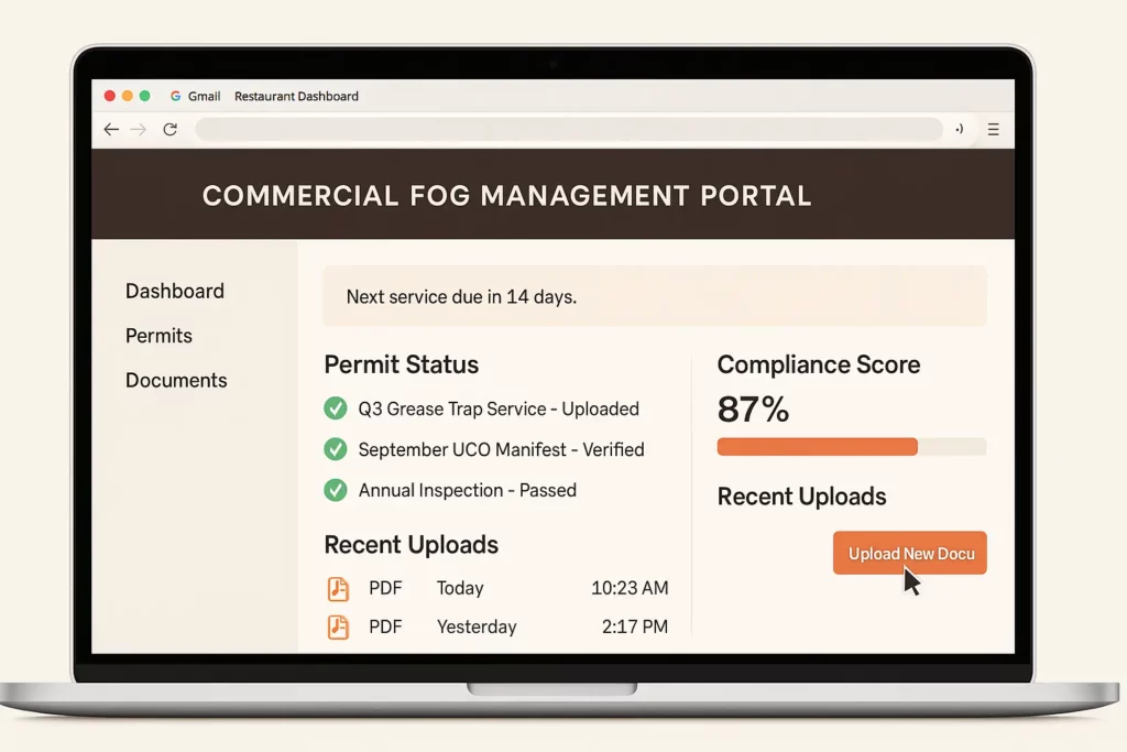 Screenshot style graphic of Fulton's FOG permit dashboard with checkmarks on uploaded service logs.