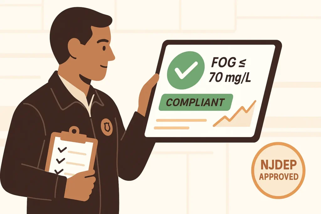 Inspector holding a digital tablet that shows a green check beside "FOG ≤ 70 mg/L.
