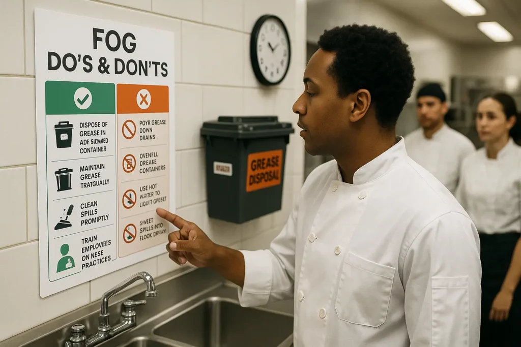 staff reading FOG Do's & Don'ts poster beside sink