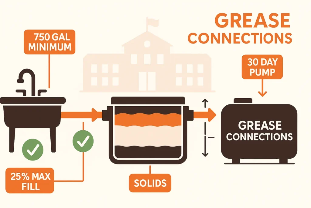 Infographic diagram showing grease flow from sink to interceptor to sealed outdoor tank with NJDEP compliance call outs.