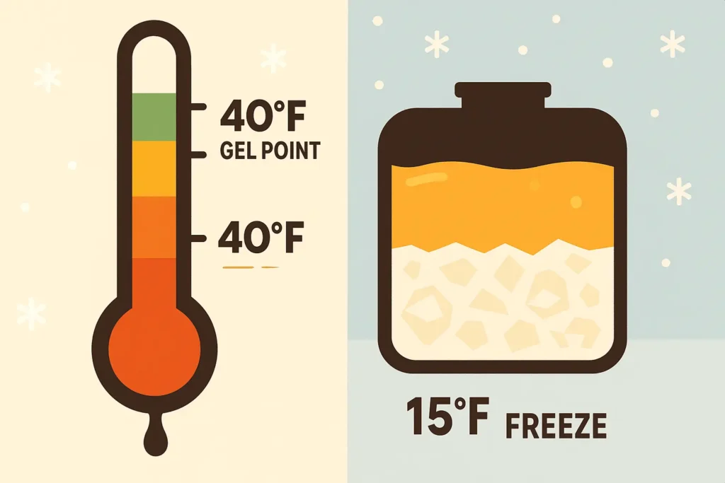 flat design graphic of thermometer dropping beside a grease tank, oil turning from liquid to solid