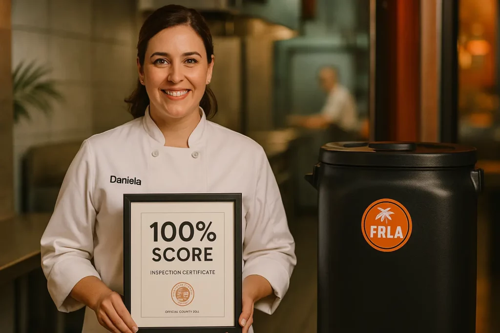 Portrait of Chef Daniela beside her clean oil container, holding a framed perfect score inspection sheet.
