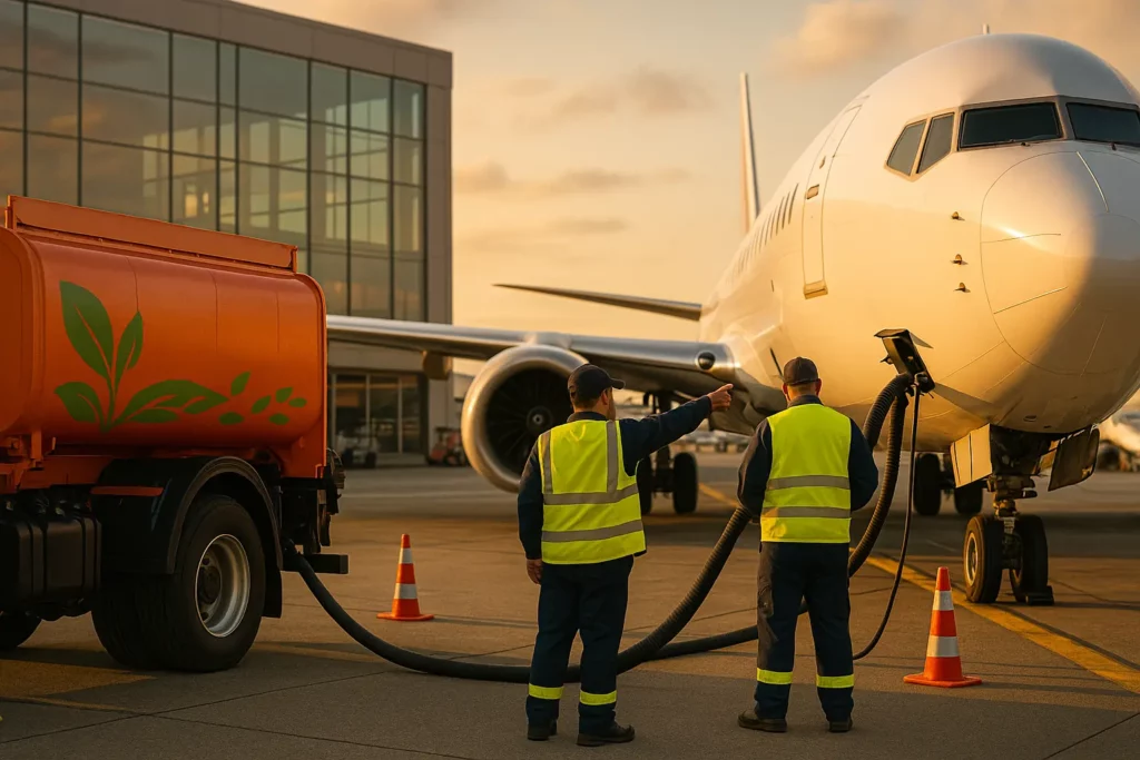 ground crew fueling a commercial jet next to “SAF Blend 30 %” decal, illustrating real‑world adoption.