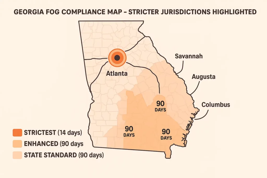 Map overlay highlighting stricter FOG jurisdictions within Georgia, Atlanta in bold.