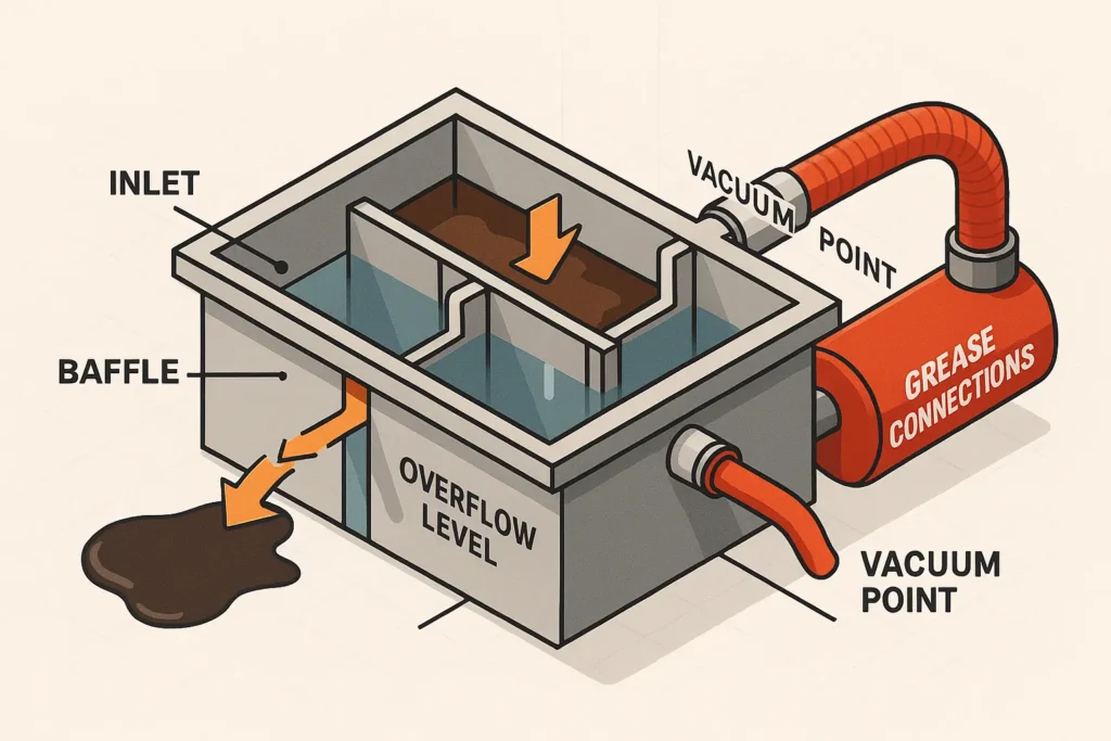 schematic cut away of a food hall grease interceptor showing overflow pathway and Grease Connections vacuum hose in action