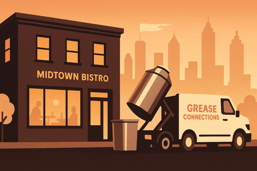Wide shot of a stainless grease tank being hoisted onto a Grease Connections truck outside a Midtown Atlanta bistro at sunset.