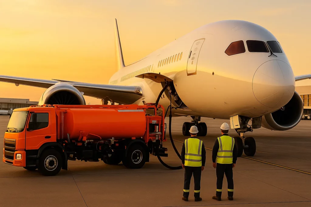 Photo of blended‑fuel refuelling at a commercial gate (Airbus or Boeing media bank).